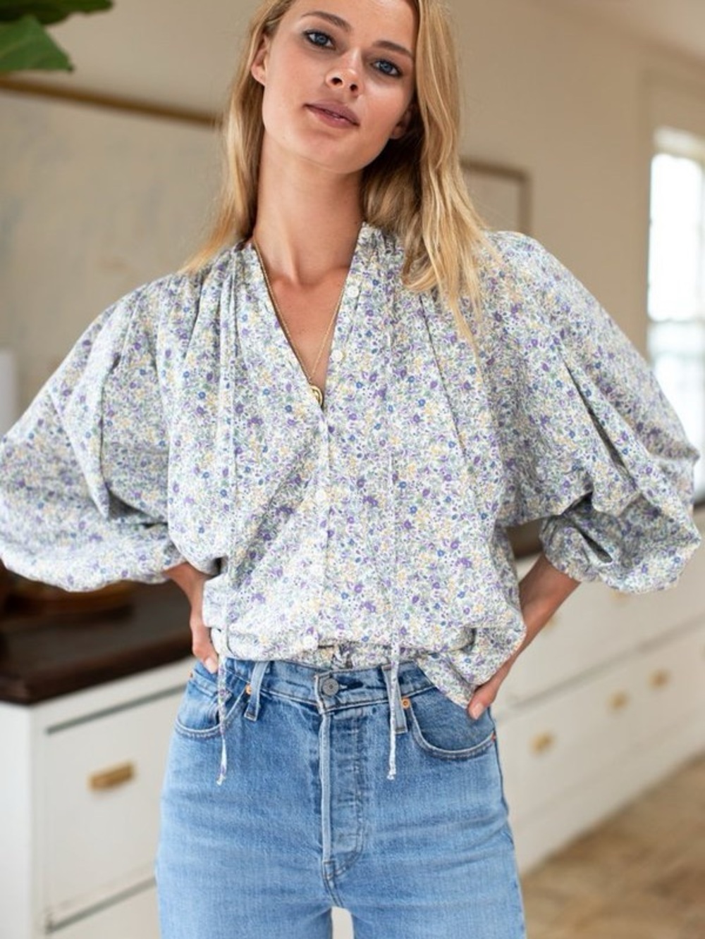 Emerson Fry Lavender Floral Puff-Sleeve Blouse